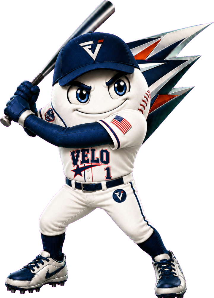 Velo, the Exit Velo Elite mascot, in a batting stance